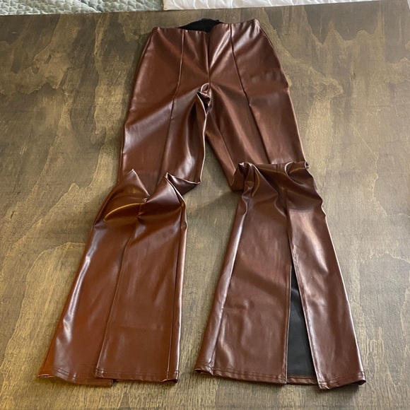 Pretty Little Things Faux Leather Chocolate Brown Flare Pants - Picture 2 of 6